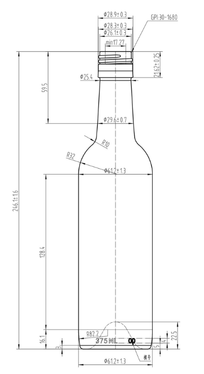 Drawing 375ml Antique Green Straight Bordeaux Bottle #315