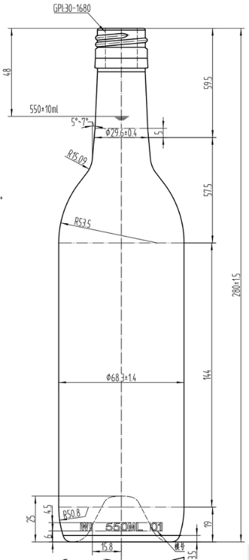 Drawing 550ml Antique Green Straight Bordeaux Bottle #420
