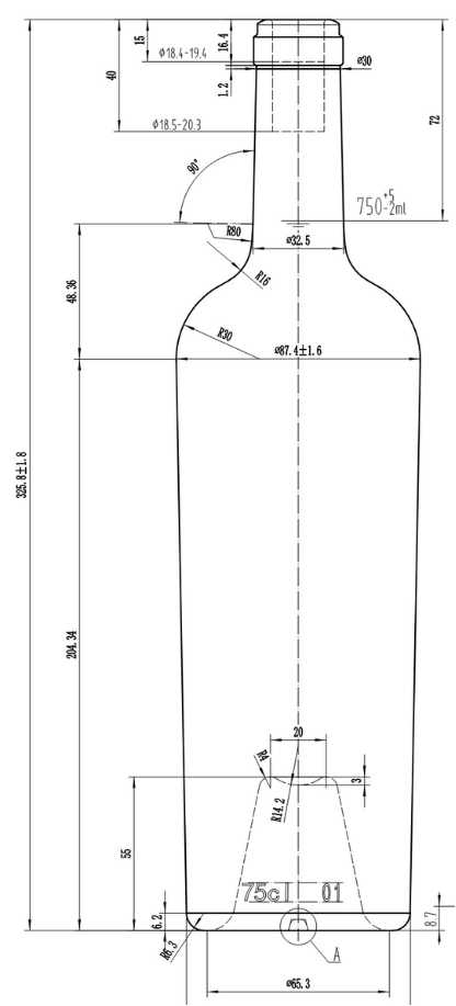 Drawing 750ml Antique Green Conical Bordeaux Bottle #1205