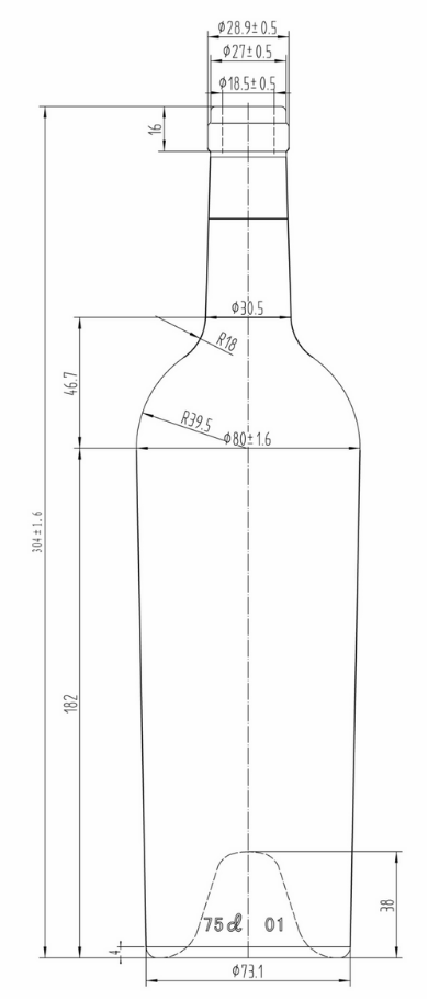 Drawing 750ml Antique Green Conical Bordeaux Bottle #535