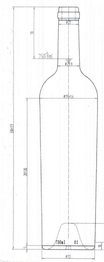 Drawing 750ml Antique Green Conical Bordeaux Bottle #755