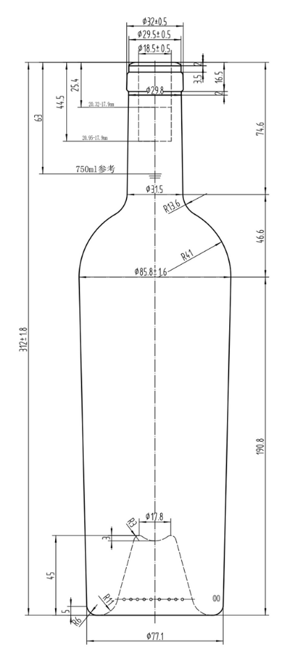 Drawing 750ml Antique Green Conical Bordeaux Bottle #960