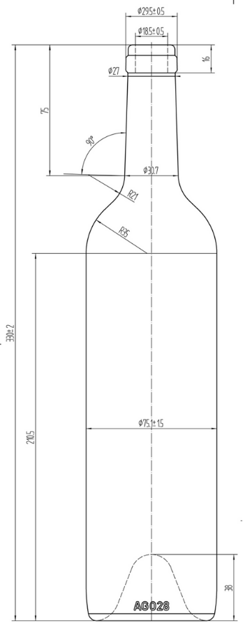 Drawing 750ml Antique Green Straight Bordeaux Bottle #700