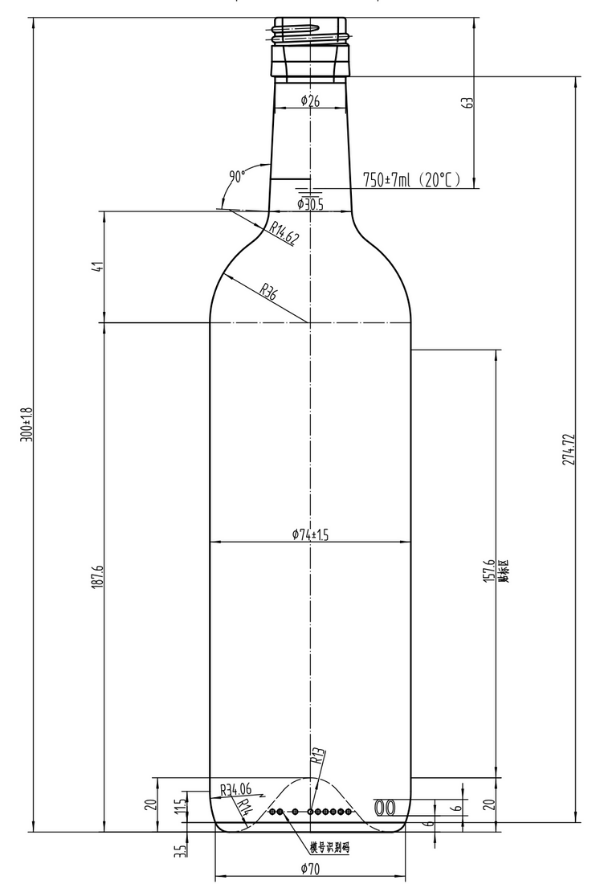 Drawing 750ml Antique Green Straight Bordeaux Screw Bottle #400
