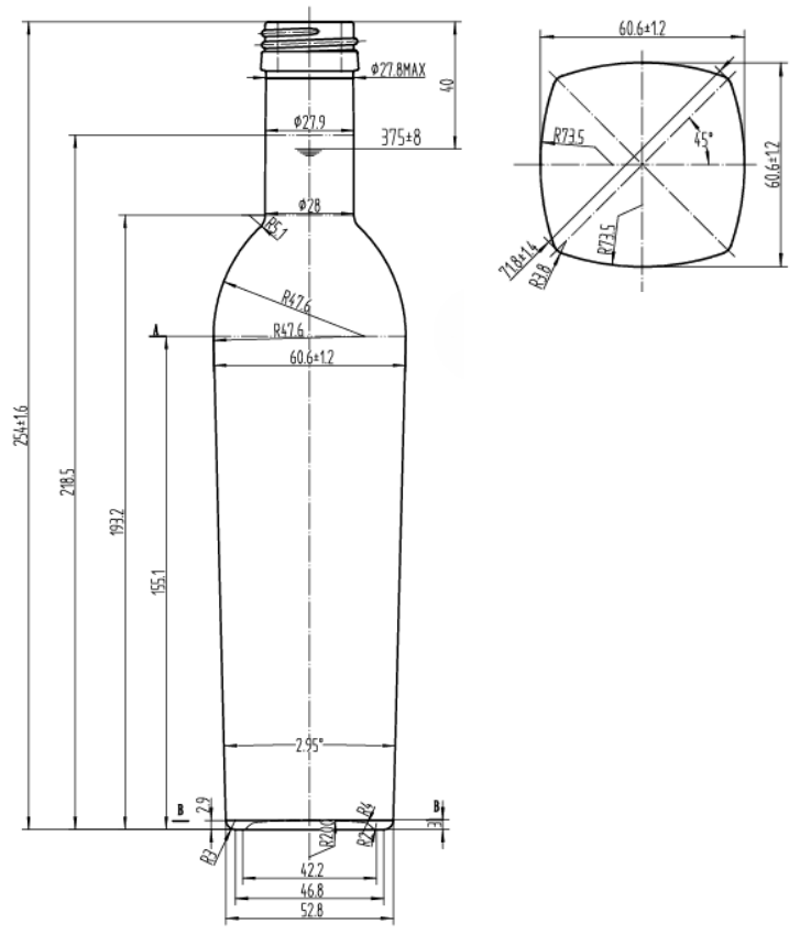 Drawing Conical Square Olive Oil Bottle 375ml