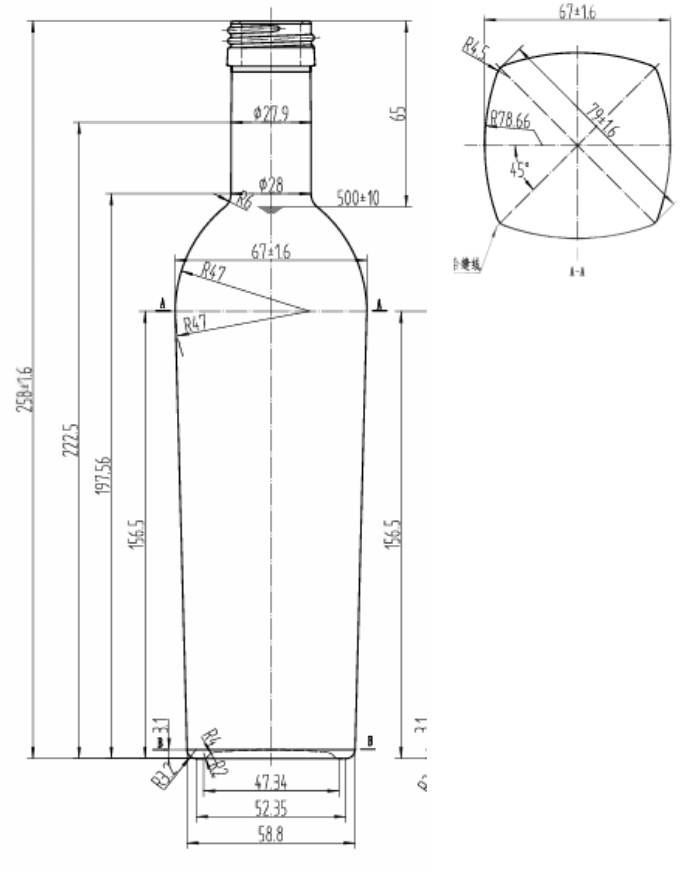 Drawing Conical Square Olive Oil Bottle 500ml