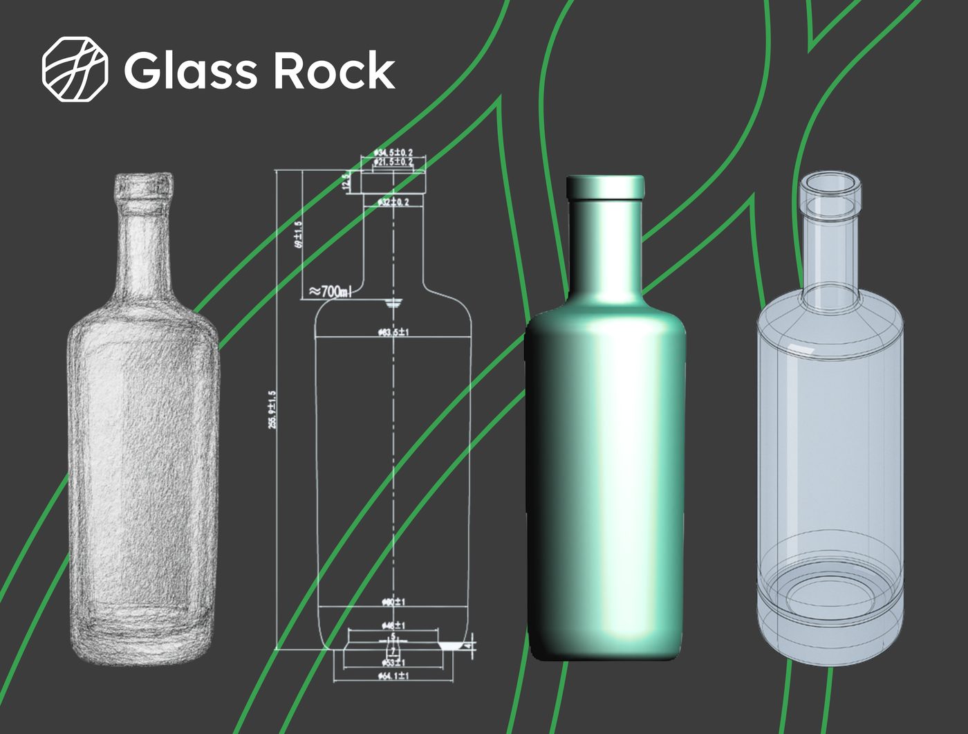 Custom glass bottle design phases — sketch, technical drawing, 3D render and wireframe