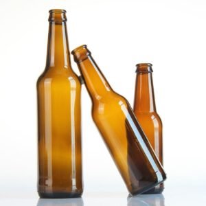 Amber glass beer bottles in a bar setting