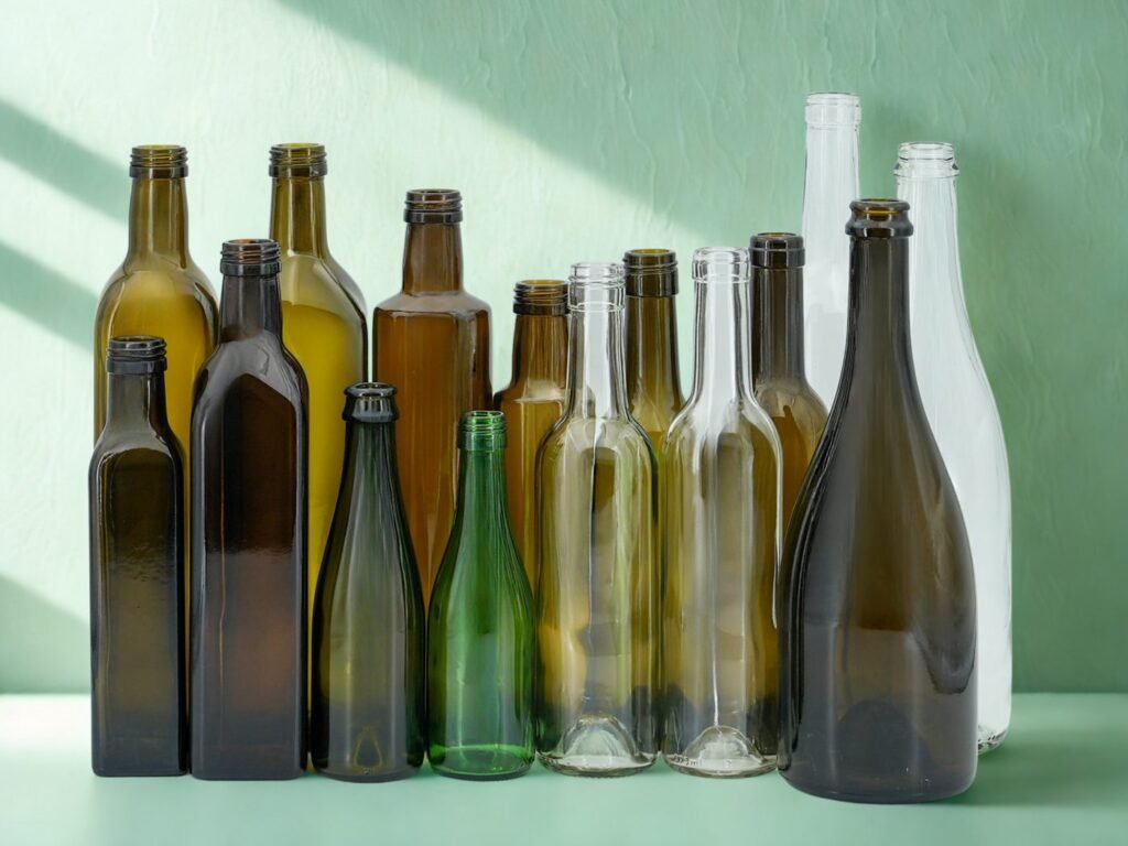 Wine, sparkling wine and olive oil glass bottles side by side