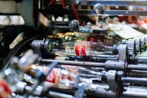 Glass bottles on a factory production line ready for export