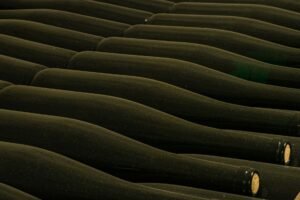 Rows of champagne-style glass bottles stored in a winery cellar